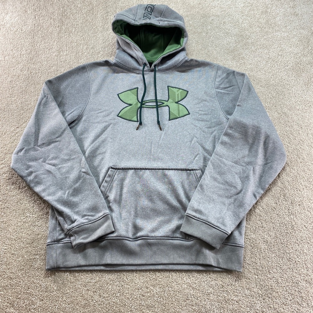 Under Armour Hoodie Mens Medium Gray Green Logo Pullover Fleece Sweatshirt